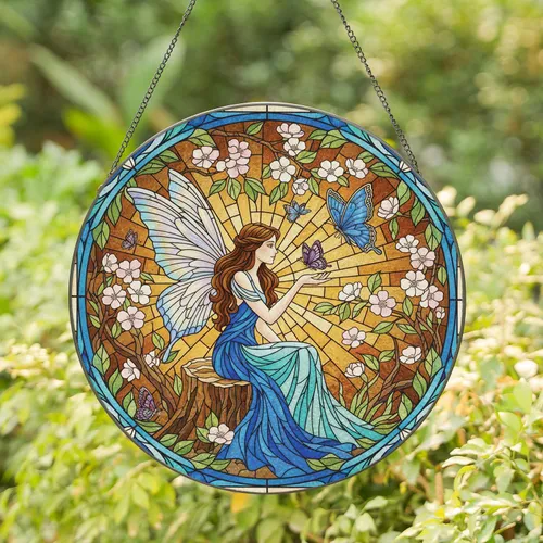 Long-haired Fairy Butterflies Blossoms - Home Decor Gift for Fairy Lover Stained Glass Suncatcher