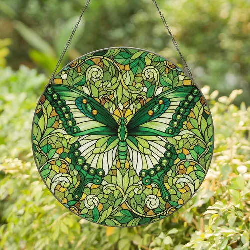 Butterfly Emerald Green Jewel Wings Swirls Leaf Foliage - Home Decor Gift for Garden Lover Stained Glass Suncatcher