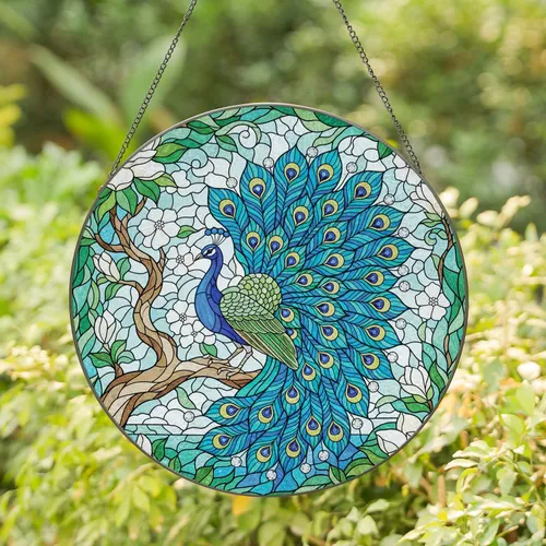 Peacock Emerald Plumage Feather Eyespots Magnolia Tree Branch - Home Decor Gift Stained Glass Suncatcher