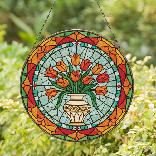 Tulips Floral Bouquet Gilded Vase Circular Geometric Frame - Home Decor Gift Stained Glass Suncatcher