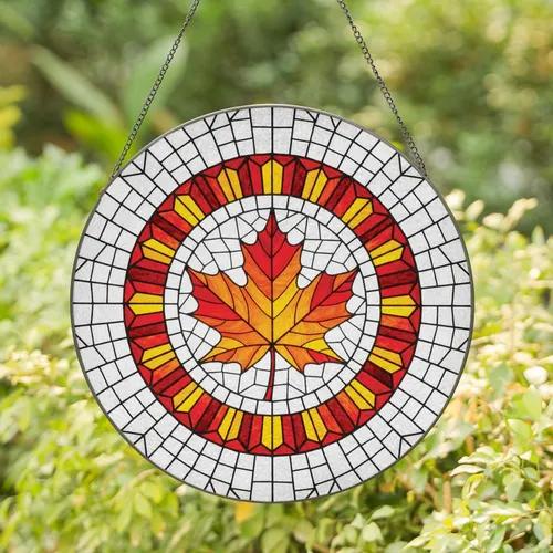 Vibrant Autumn Maple Leaf Rectangular Teardrop Border Square - Home Decor Gift Stained Glass Suncatcher