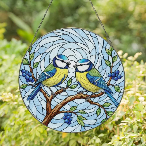 Two Blue Tits Gnarled Branch Berries Winter Sky - Bird Lover Home Decor Gift Stained Glass Suncatcher