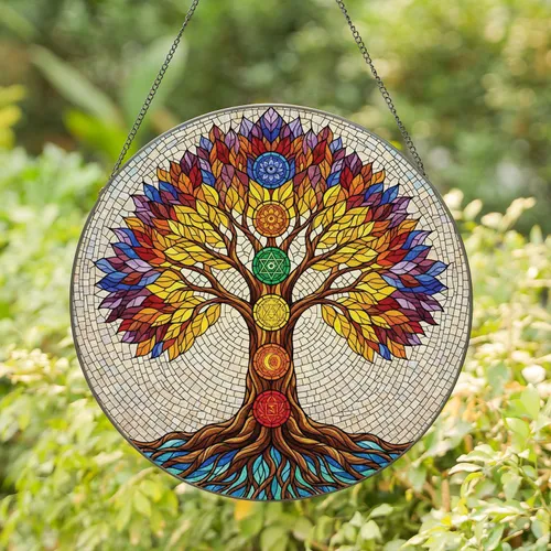 Tree of Life Seven Chakra Medallions Gnarled Roots - Yoga Home Decor Gift for Yoga Lover Stained Glass Suncatcher
