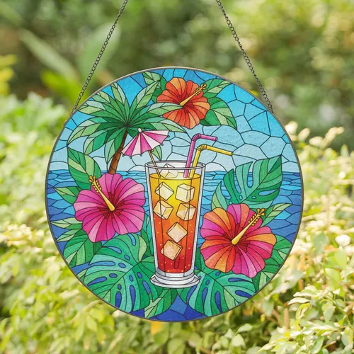 Tropical Cocktail Hibiscus Leaves Azure Water - Tropical Lover Home Decor Gift Stained Glass Suncatcher
