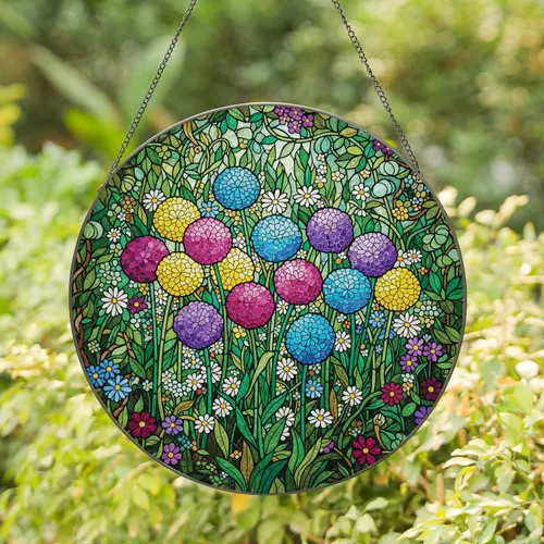 Pom-Pom Daisy Flower Field Botanical - Home Decor Gift for Garden Lover Stained Glass Suncatcher