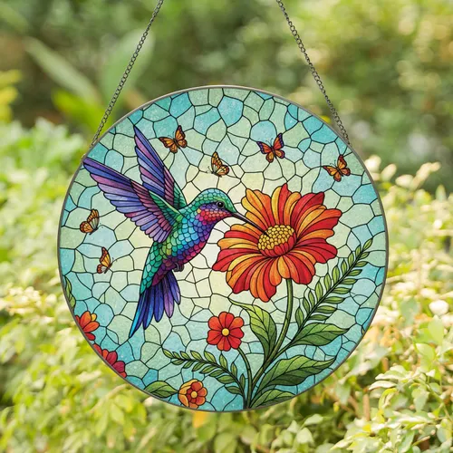 Iridescent Hummingbird Flower Butterfly Garden Bloom - Home Decor Gift for Wildlife Lover Stained Glass Suncatcher