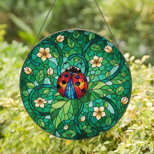 Ladybug Green Leaf Blossom - Garden Lover Home Decor Gift Stained Glass Suncatcher