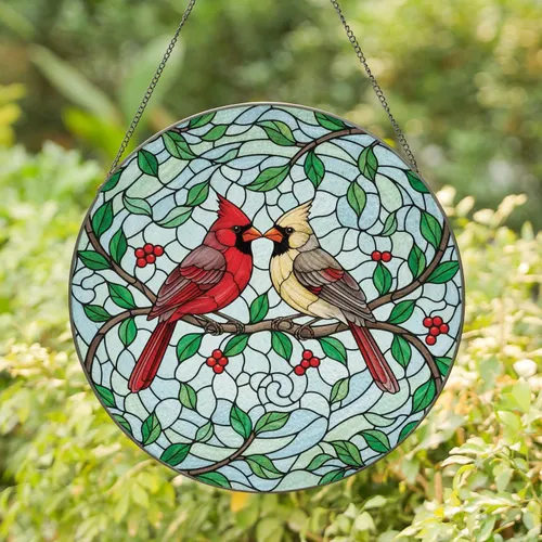 Cardinal Couple on Branch - Wildlife Home Decor Gift for Bird Lover Stained Glass Suncatcher