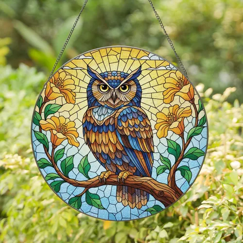 Owl Stained Glass Flowers - Wildlife Lover Home Decor Gift Stained Glass Suncatcher