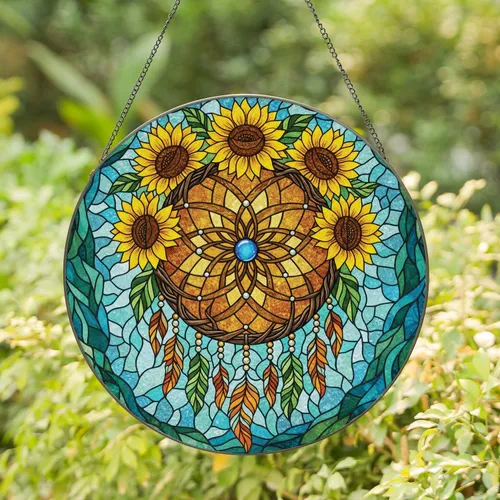 Rustic Dreamcatcher Sunflowers Colorful Feathers Organic Mosaic Home Decoration Gift Stained Glass Suncatcher
