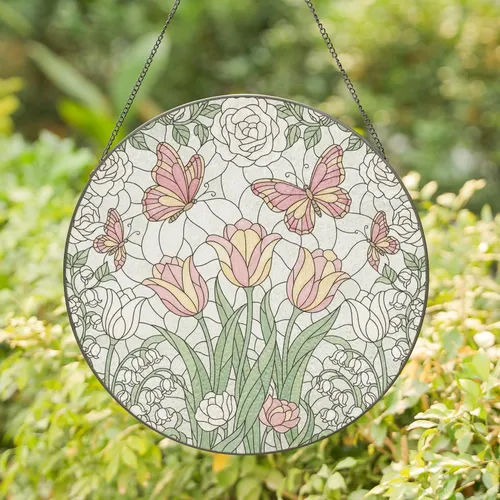Butterflies Tulips Lily-of-the-Valley Roses Foliage - Garden Lover Home Decor Gift Stained Glass Suncatcher