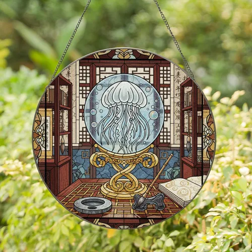 White Jellyfish Golden Stand Inkstone East Asian Interior - Refined Home Decor Gift Stained Glass Suncatcher