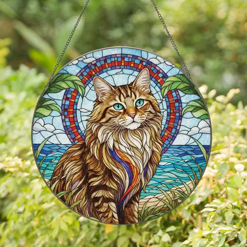 Fluffy Tabby Cat Stained Glass Home Decor Gift for Cat Lover Stained Glass Suncatcher