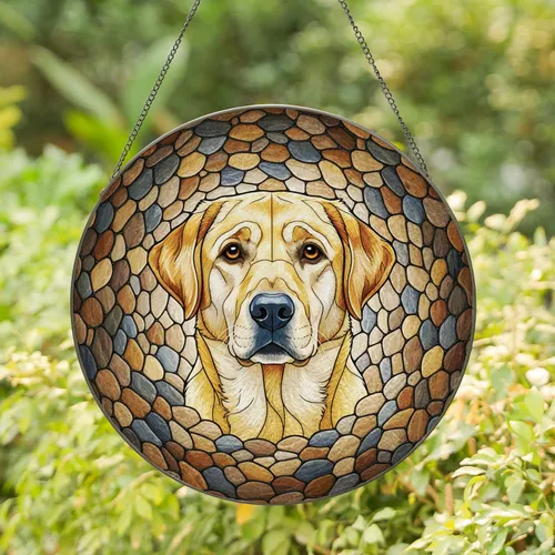 Golden Labrador Retriever River Stones - Dog Lover Home Decor Gift Stained Glass Suncatcher