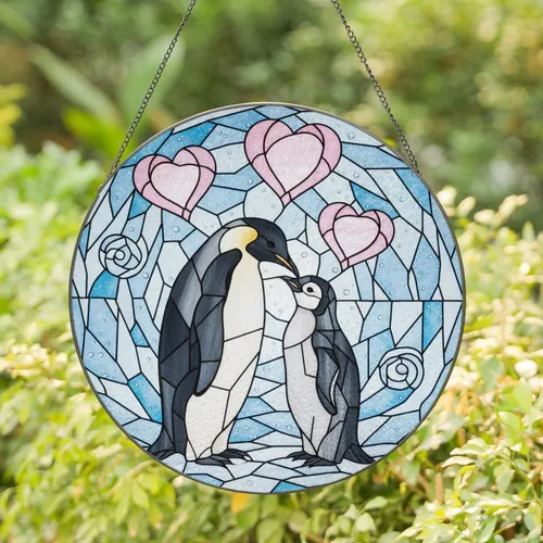 Adult Juvenile Penguin Hearts Icy Water - Wildlife Lover Home Decor Gift Stained Glass Suncatcher