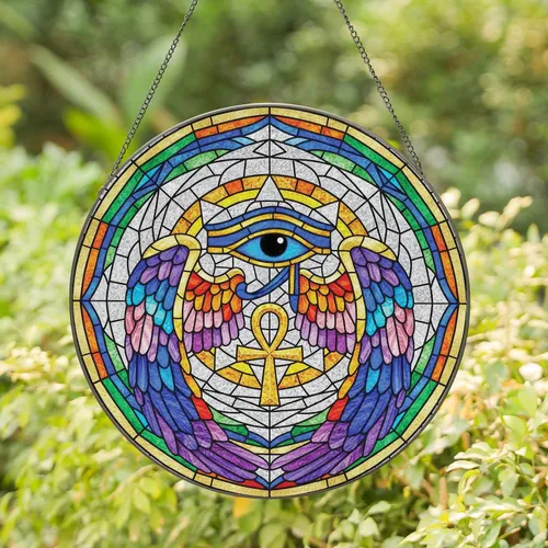 Eye of Horus Golden Ankh Rainbow Wings - Home Decor Gift Stained Glass Suncatcher