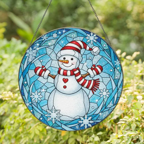 Cheerful Snowman Snowflakes Ice - Christmas Home Decor Gift Stained Glass Suncatcher