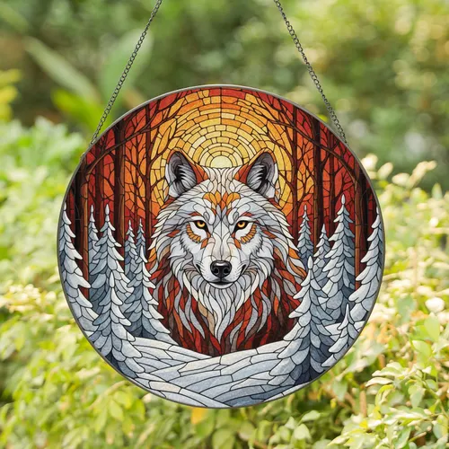 White Wolf Orange Eyes Snowy Forest Evergreen Bare Trees - Wildlife Lover Gift Stained Glass Suncatcher