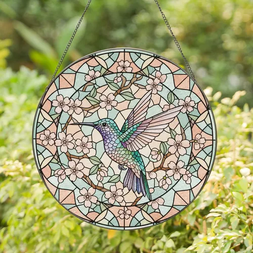 Hummingbird Cherry Blossoms Flowers - Home Decor Gift for Garden Lover Stained Glass Suncatcher