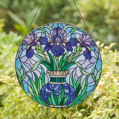 Three Lush Blooming Iris Flower Golden Rim Vase Window Decor for Plant Lover Stained Glass Suncatcher