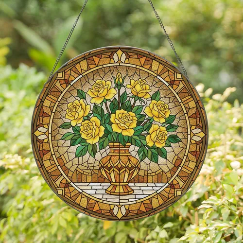 Yellow Roses Bouquet Stained Glass Ornate Vase - Home Decor Gift for Garden Lovers Stained Glass Suncatcher