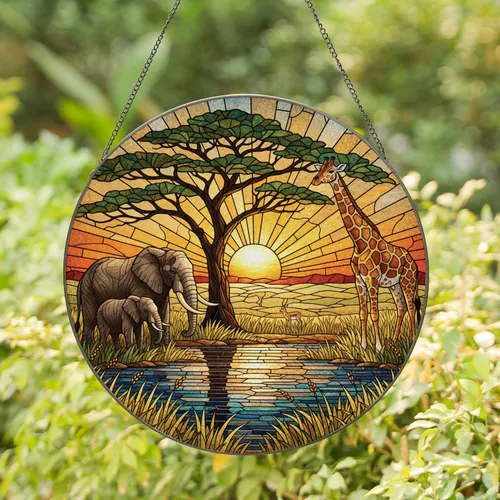 Acacia Tree Elephant Giraffe Antelope Savanna Sunset - Home Decor Gift for Wildlife Lovers Stained Glass Suncatcher