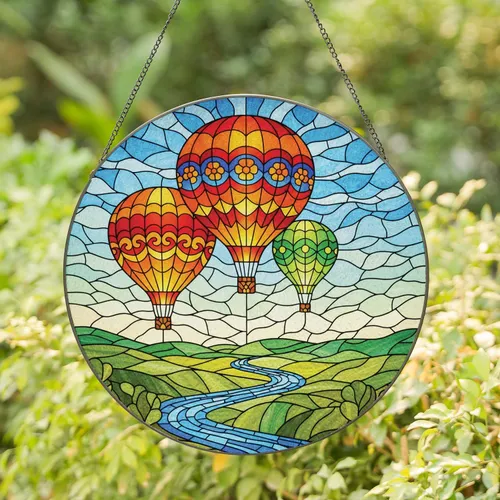 Hot Air Balloons Landscape with River and Rolling Hills - Home Decor Gift Stained Glass Suncatcher