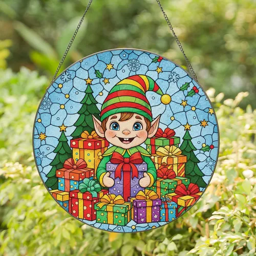 Cheerful Elf Holding Gift Presents with Christmas Trees - Festive Holiday Home Decor Gift Stained Glass Suncatcher