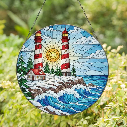 Red White Lighthouse Snowy Coastline - Coastal Home Decor Gift for Ocean Lover Stained Glass Suncatcher