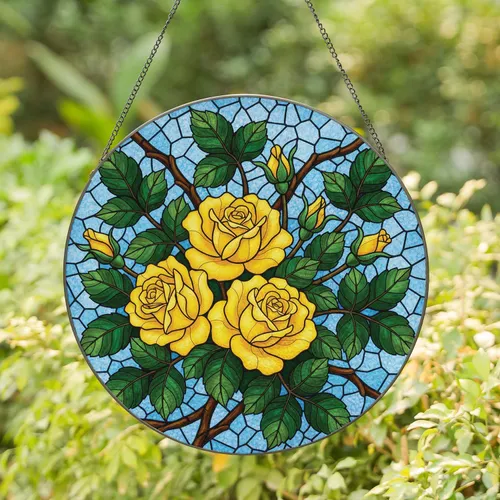 Full Bloom Roses Rosebuds Leafy Stems Sky Field - Home Decor Gift for Garden Lover Stained Glass Suncatcher