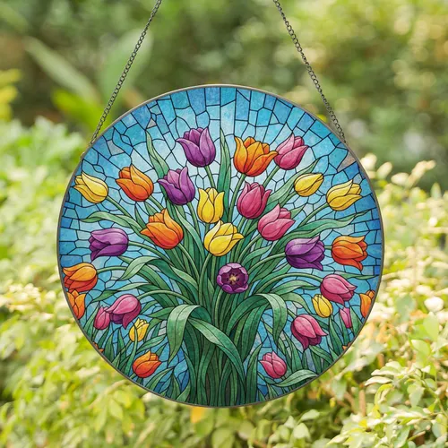 Tulip Bouquet Stained Glass Mosaic - Flower Garden Home Decor Gift Stained Glass Suncatcher