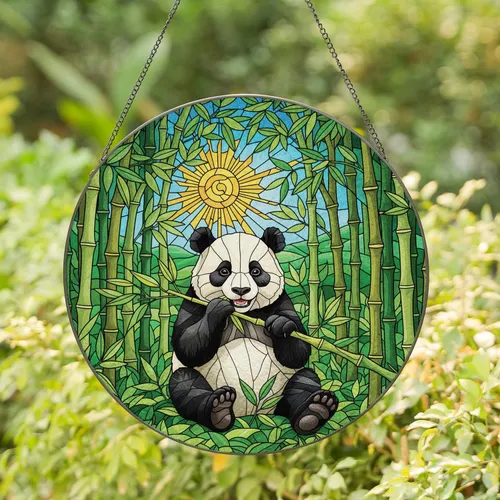 Panda Eating Bamboo Forest - Home Decor Gift for Panda Lover Stained Glass Suncatcher