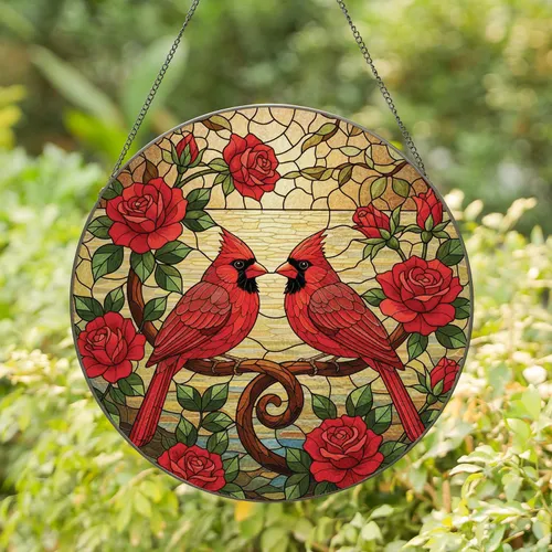 Two Red Cardinal Birds Red Roses Branch Leaves - Home Decor Gift for Bird Lovers Stained Glass Suncatcher