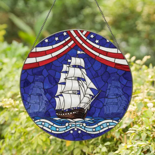 Tall Ship White Sails Red White Stripes White Stars Waves - Home Decor Gift for Sailors Stained Glass Suncatcher