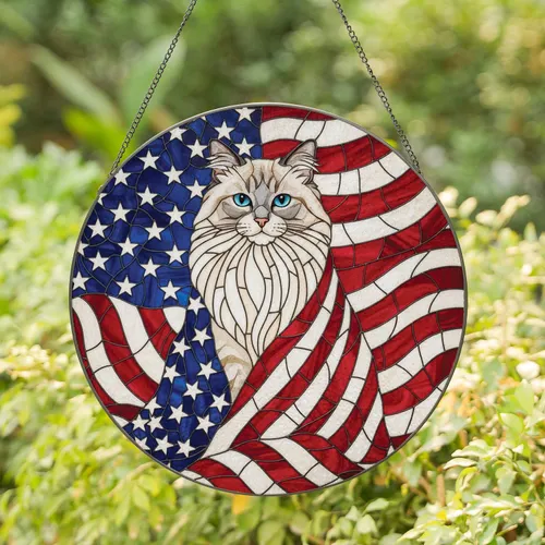 Ragdoll Cat American Flag - Independence Day Gift for Veterans Stained Glass Suncatcher