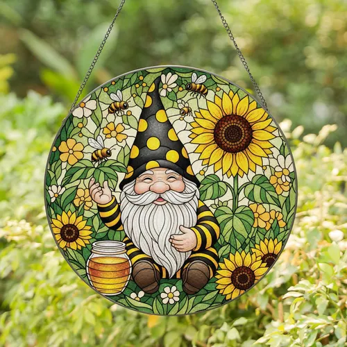Gnome Garden Sunflower Bee Honey Jar - Farmhouse Home Decor Gift for Garden Lover Stained Glass Suncatcher