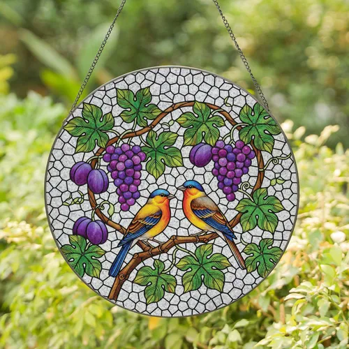 Two Songbirds Grape Plum Foliage - Home Decor Gift for Bird Lover Stained Glass Suncatcher