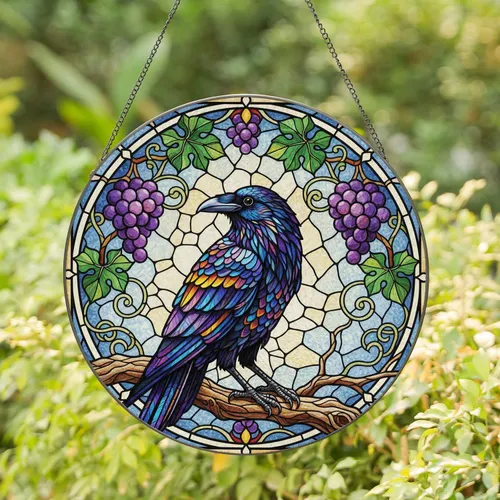 Iridescent Raven Grape Sky Mosaic - Luminous Home Decor Gift for Bird Lovers Stained Glass Suncatcher
