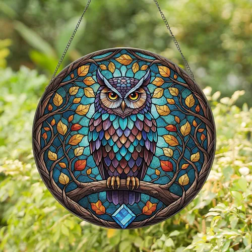 Owl Ear Tuft Branch Home Decor Gift for Wildlife Lover Stained Glass Suncatcher