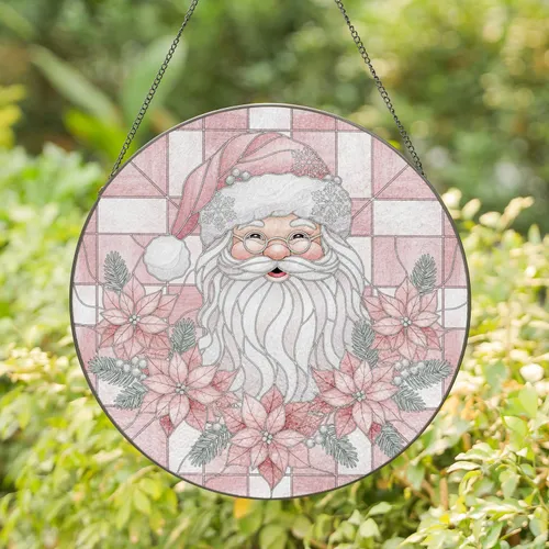 Bearded Santa Poinsettia Plaid - Christmas Home Decor Gift Stained Glass Suncatcher
