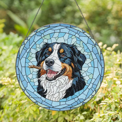 Bernese Mountain Dog Head with Stick - Home Decor Gift for Dog Lover Stained Glass Suncatcher