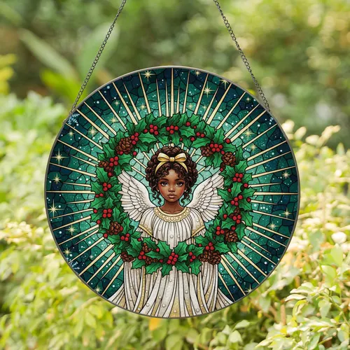 Serene Black Angel Girl Holly Berry Snowflake Christmas Wreath - Holiday Home Decor Gift Stained Glass Suncatcher