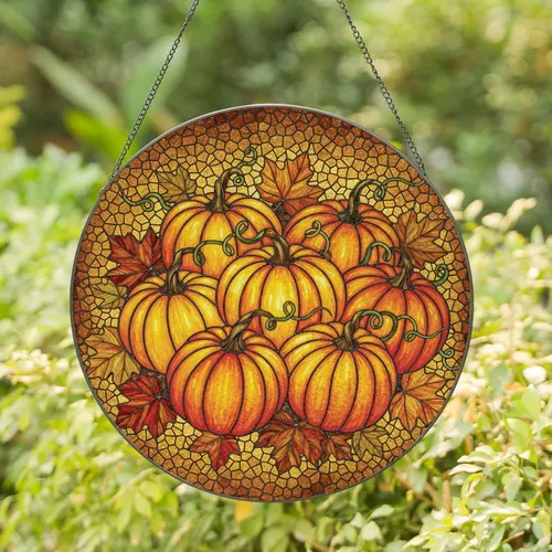 Plump Pumpkins Varied Sizes Curly Tendrils Autumn Leaves - Autumn Decor Gift Stained Glass Suncatcher