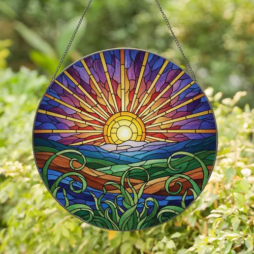 Radiant Rising Sun Broad Rays Rolling Hills Valleys Green Foliage Mosaic - Home Decor Gift Stained Glass Suncatcher