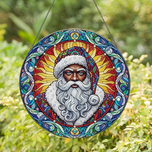 Santa Claus Bust Floral Swirls Sunburst Rainbow - Christmas Home Decor Gift Stained Glass Suncatcher