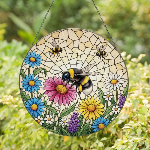 Bumblebee Daisy Wildflower Mosaic - Home Decor Gift for Nature Lover Stained Glass Suncatcher