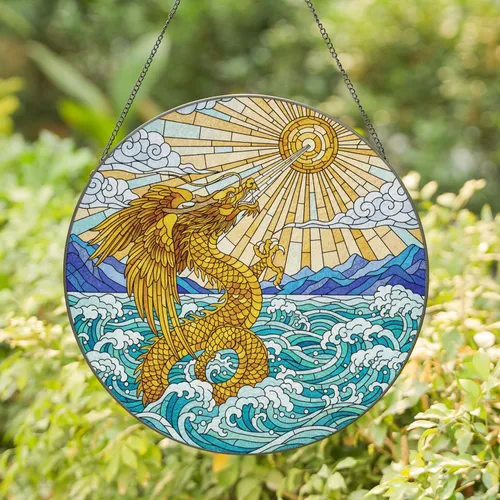 Golden Winged Chinese Dragon Ocean Sun - Home Decor Gift for Dragon Lover Stained Glass Suncatcher