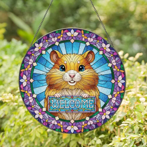 Hamster Welcome Sign Floral Home Decor Gift for Hamster Lover Stained Glass Suncatcher