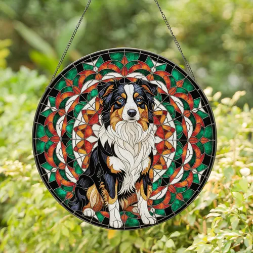 Black White Tan Australian Shepherd Mandala Dreamcatcher - Home Decor Gift for Dog Lovers Stained Glass Suncatcher