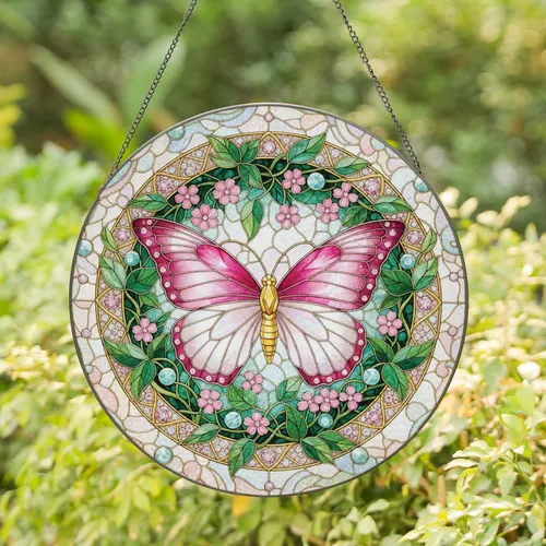 Butterfly Rose Pink Pearl Flowers Golden Frame - Wildlife Lover Home Decor Gift Stained Glass Suncatcher